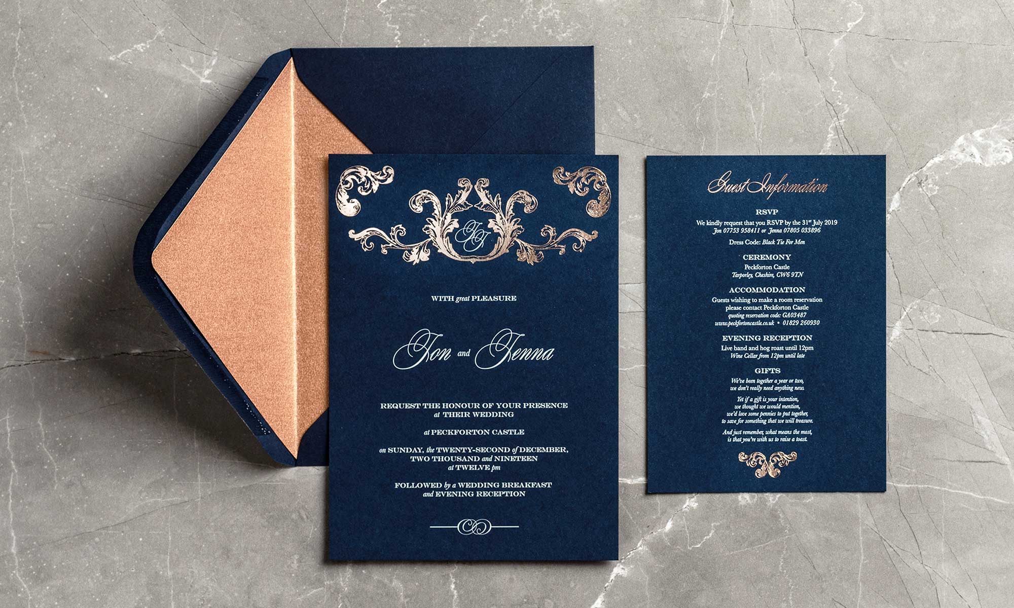 Beaumont Invitation Information Card and Rose Gold Liner