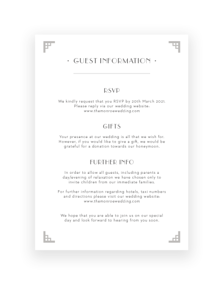 Stylish Art Deco Wedding Information Card - Hand Printed with Foil - Luxury Wedding Stationery by The Foil Invite Company