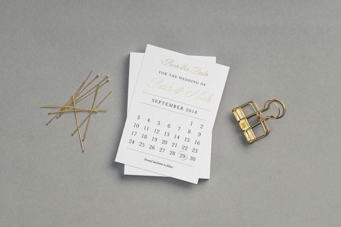 Calendar Save the Date Cards | Gold Foil Save the Dates on White Card | Save the Date Wedding Cards and Magnets by the Foil Invite Company