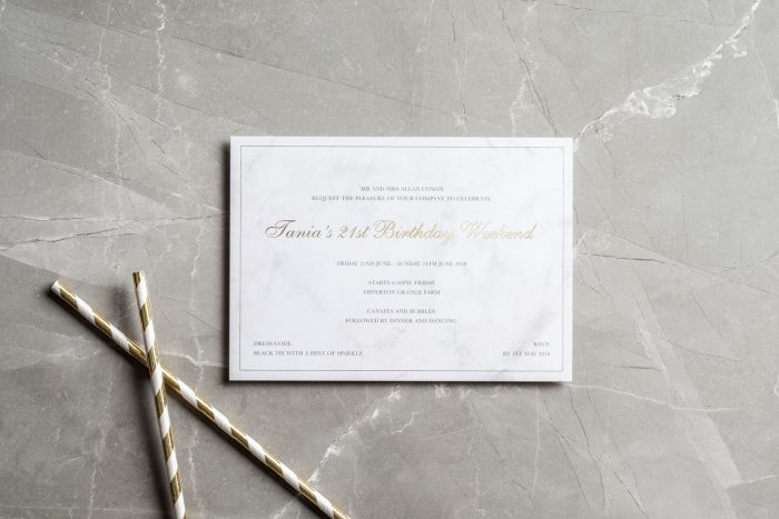 Personalised Party Invitations | Gold Foil on Marble Card | 21st Birthday Party Invitations | Bespoke Stationery by the Foil Invite Company
