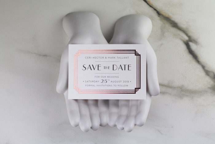 Deco Save the Date Cards | Rose Gold Foil Save the Dates on Grey Card | Art Deco Save the Dates | Save the Date Wedding Cards and Magnets by the Foil Invite Company