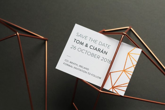 Geometric Save the Date Cards | Copper Foil Save the Dates on White Card | Save the Date Wedding Cards and Magnets by the Foil Invite Company