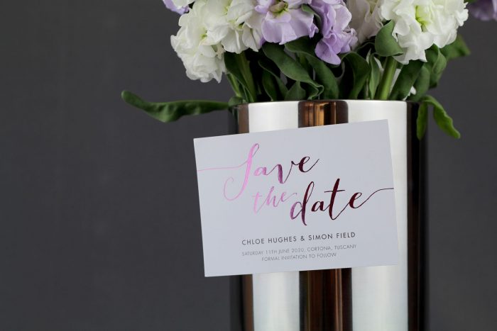 Louise Save the Date Magnets | Blossom Foil Save the Dates on White Magnet | Foil Wedding Stationery | Save the Date Wedding Cards and Magnets by the Foil Invite Company