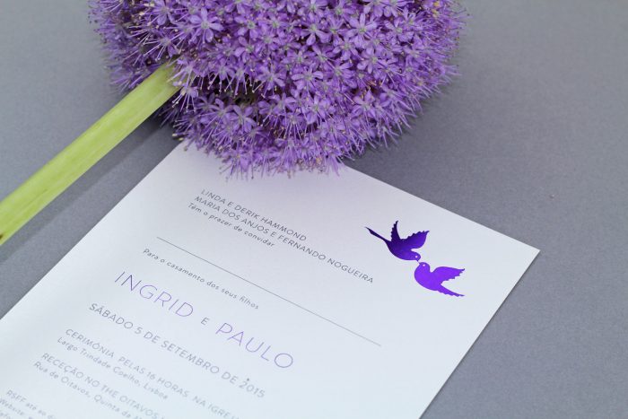 Bilingual Wedding Invitations - Love Birds in Purple Foil | Purple Wedding Stationery | Foil Wedding Invitations by the Foil Invite Company