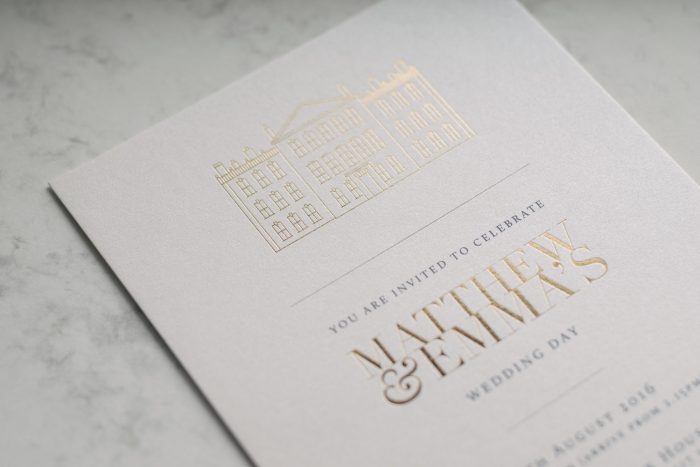 Bespoke Wedding Invitations - Modern Venue Illustrations | Gold Foil Wedding Stationery | White and Gold Wedding Invitations | Bespoke Wedding Stationery by the Foil Invite Company
