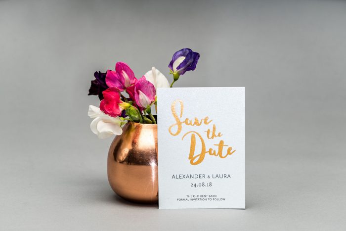 Rockwell Save the Date Cards | Copper Foil Save the Dates on Pearl Card | Save the Date Wedding Cards and Magnets by the Foil Invite Company