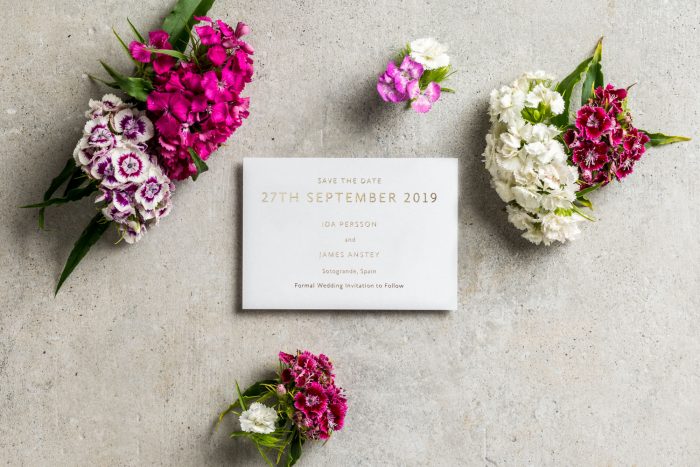 Sarto Serif Save the Date Cards | Gold Foil Save the Dates on White Card | Gold and White Wedding Stationery | Save the Date Wedding Cards and Magnets by the Foil Invite Company