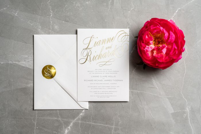 Elegant Wedding Stationery Set - Script Collection | White and Gold Wedding Invitations | Gold Foil Wedding Stickers | Luxury Wedding Invitations by the Foil Invite Company