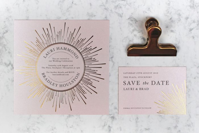 Foil Wedding Stationery Set - Sunburst Collection | Gold and Blush Wedding Invitations | Gold Foil Wedding Invitations | Gold Foil on Blush Card | Gold Foil Wedding Save the Dates | Luxury Wedding Invitations by the Foil Invite Company