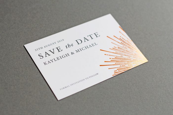 Sunburst Save the Date Cards | Copper Foil Save the Dates on White Card | Save the Date Wedding Cards and Magnets by the Foil Invite Company