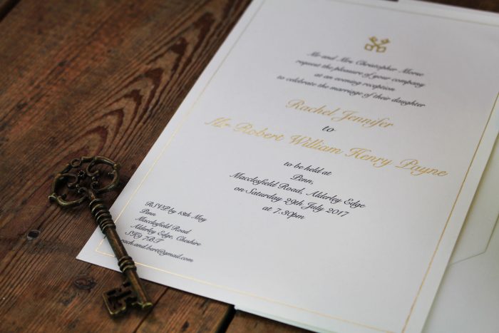 Bespoke Wedding Invitations - Gold Foil Cross Keys Emblem | Gold Foil Wedding Stationery | Bespoke Wedding Invitations by the Foil Invite Company