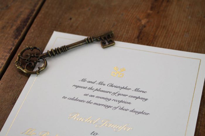 Bespoke Wedding Invitations - Cross Keys Design in Gold Foil | Gold Foil Wedding Stationery | Bespoke Wedding Invitations by the Foil Invite Company