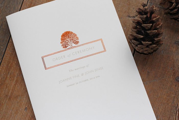 Bespoke Wedding Order of Service | Oak Tree Illustration | Copper Foil Wedding Order of Service Cards | Autumn Wedding Ideas | Luxury Wedding Stationery by the Foil Invite Company