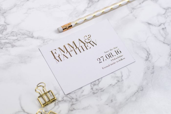 Bespoke Save the Date Cards | Gold Foil Save the Dates on White Card | White and Gold Wedding Stationery | Save the Date Wedding Cards and Magnets by the Foil Invite Company