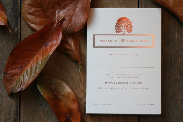 Bespoke Wedding Invitations - Oak Tree Illustration | Copper Foil Wedding Stationery | Autumn Wedding Ideas | Bespoke Wedding Invitations by the Foil Invite Company
