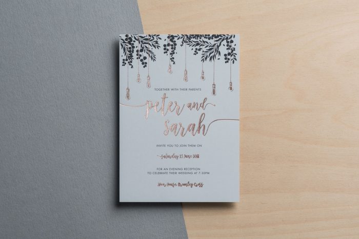Bespoke Wedding Invitations - Vintage Light Bulb Illustration | Rose Gold Foil Wedding Stationery | Bespoke Wedding Invitations by the Foil Invite Company