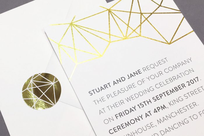 Wedding Stickers | White and Gold Wedding Invitations | Geometric Wedding Stationery | Geometric Wedding Theme | Gold Foil Wedding Stickers | Modern Wedding Stationery by the Foil Invite Company