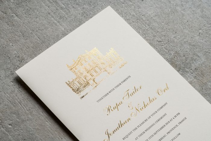 Bespoke Wedding Invitations - French Chateau Sketched Illustration | Gold Foil Wedding Stationery | Bespoke Wedding Invitations by the Foil Invite Company