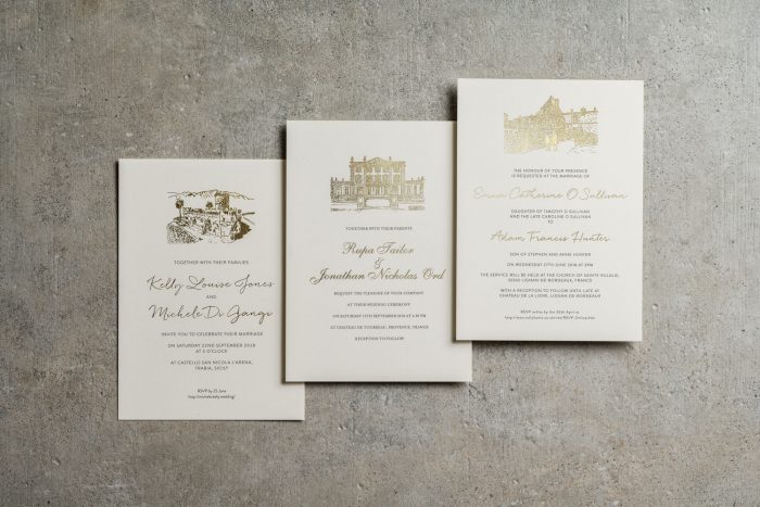 Bespoke Wedding Invitations - Sketched Venue Illustration | Gold Foil Wedding Stationery | Classic Wedding Inspiration | Bespoke Wedding Stationery by the Foil Invite Company