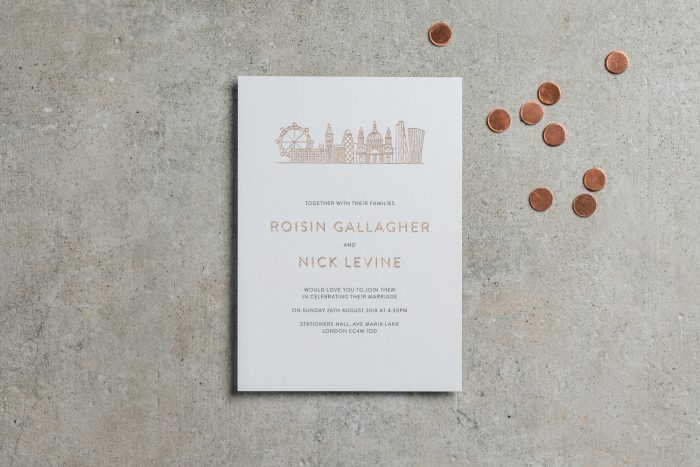 City Wedding Invitations - London City Skyline | Rose Gold Foil Wedding Stationery | Bespoke Wedding Invitations by the Foil Invite Company
