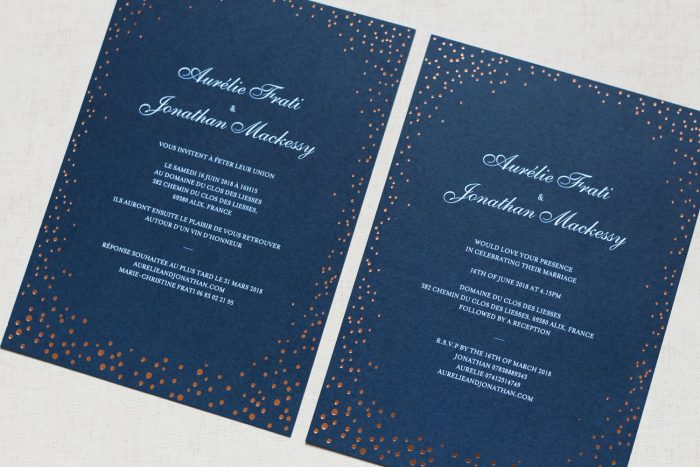 Bilingual Wedding Invitations - Sparkle Collection in Copper Foil | Copper Foil Wedding Invitations | Navy Wedding Stationery Set | Luxury Wedding Stationery by the Foil Invite Company