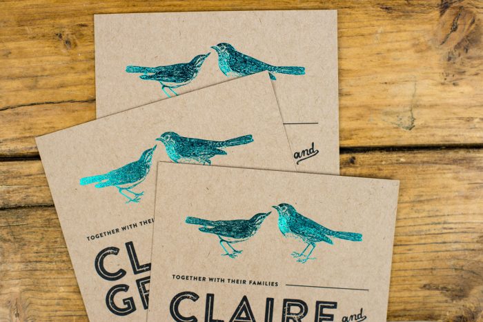 Bespoke Wedding Invitations - Birds Illustration on Kraft Card | Teal Foil Wedding Stationery | Bespoke Wedding Invitations by the Foil Invite Company