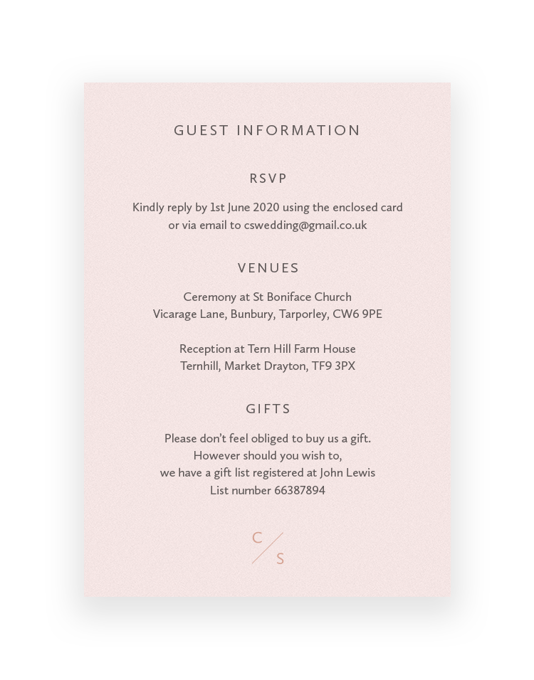 Wedding Information Cards with personalised foil monogram | Sarto Sans by The Foil Invite Company