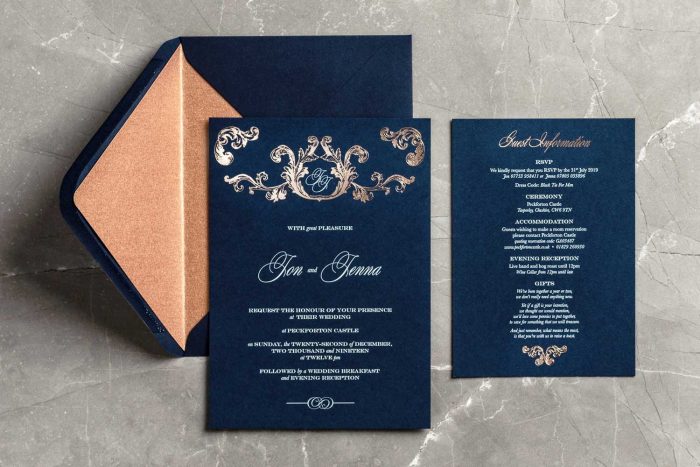 Beaumont Invitation Information Card and Envelope Liner Navy and Rose Gold