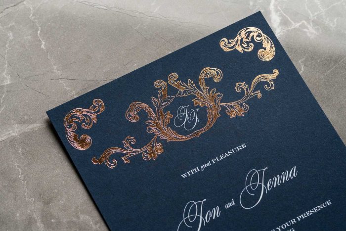 Beaumont Invitation Navy and Rose Gold Foil