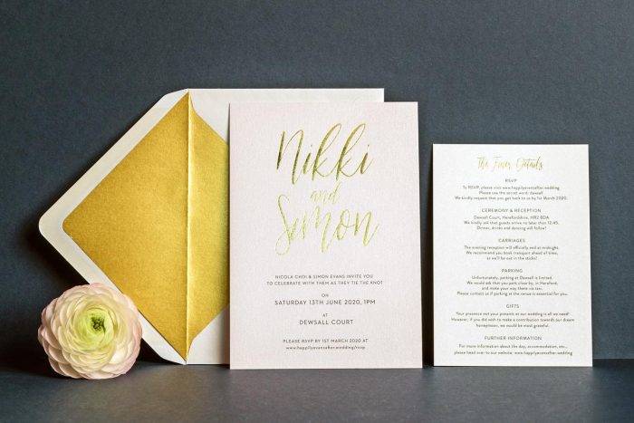 Carnaby Invitation Information Card and Gold Envelope Liner Blush Pearl and Gold Foil