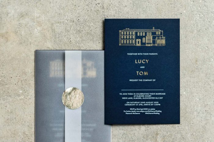 Modern Venue Invitation and Vellum Wrap Gold and Navy