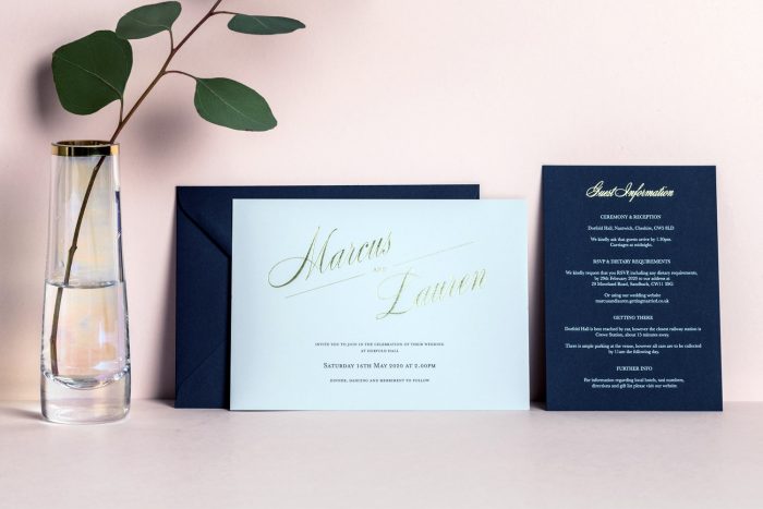 Pemberley Names Invitation Feather Grey Navy and Gold Foil