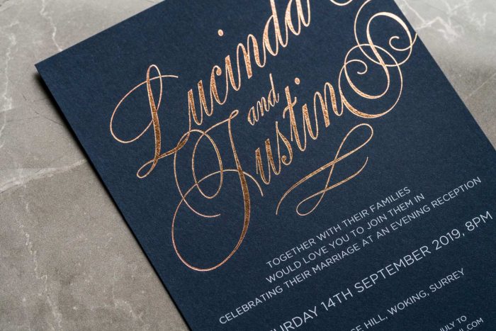 Script Invitation Navy and Rose Gold Foil Zoom