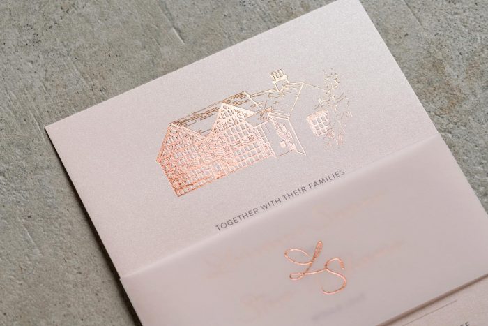 Sketched Venue Invitation and Belly Band Rose Gold and Blush