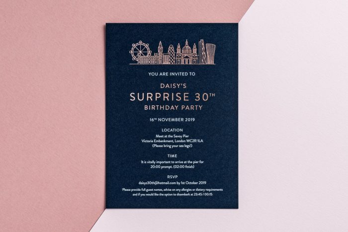 Skyline London Invitation Birthday Rose Gold and Navy
