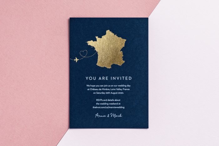 France Map Save the Date Card with Gold Foil