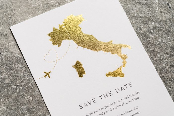 Italy Map Save the Date Card with Gold Foil