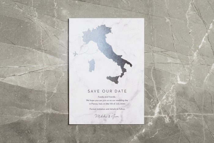 Italy Map Save the Date Card with Silver Foil