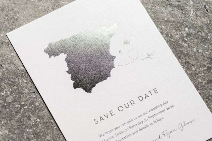 Spain Map Save the Date Card with Silver Foil